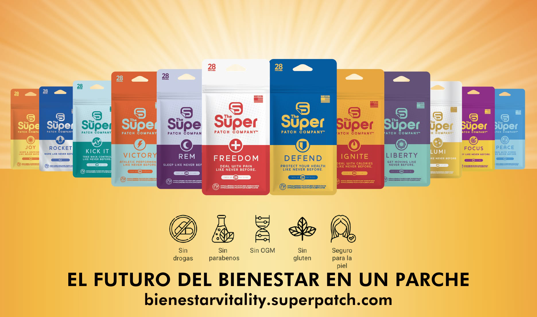 Super Patch es una corporación con una gama, de hasta ahora, 12 modelos de parches, que utiliza una tecnología vibrotáctil (VTT) basada en relieves similar a un código QR que interactúan con los receptores de la piel. A diferencia de los productos tradicionales, este no contiene ingredientes ni sustancias químicas. Su revolucionaria tecnología VTT envía señales a través de los receptores cutáneos, que son decodificadas por el cerebro y transformadas en respuestas fisiológicas específicas. 